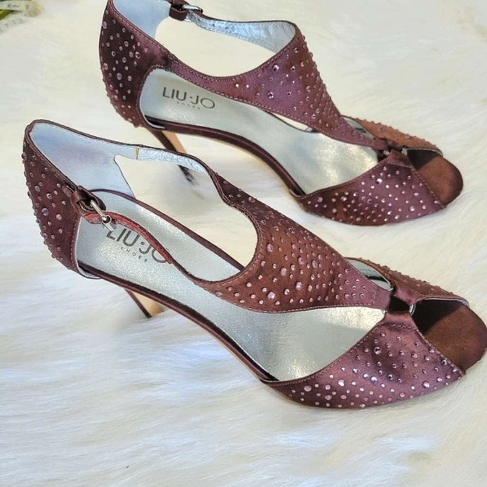 LIU-JO Crystal Peep Toe TStrap Stiletto High Heels Rose Mauve 39/8 EUC